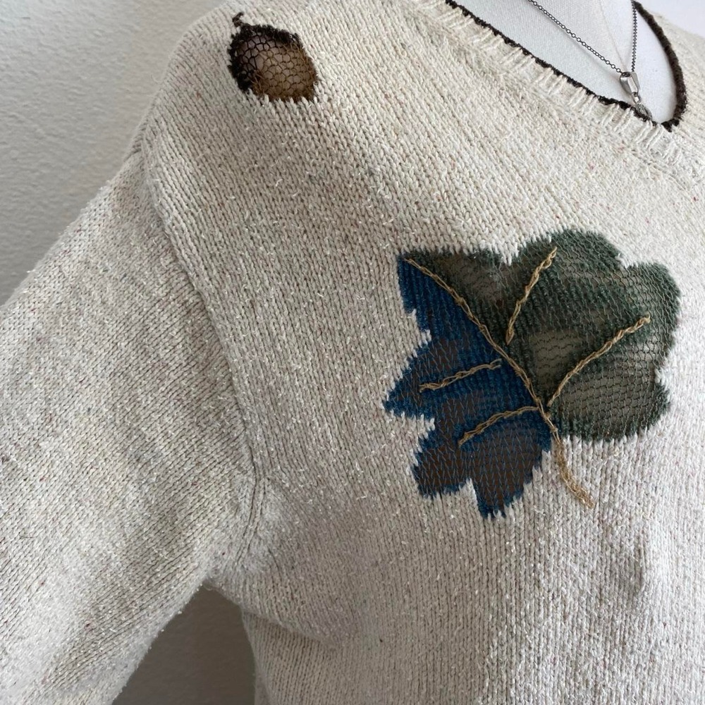 Vintage Villager Liz Claiborne Cream V Neck Fall Leaf Knit Sweater Cottage - Picture 4 of 6